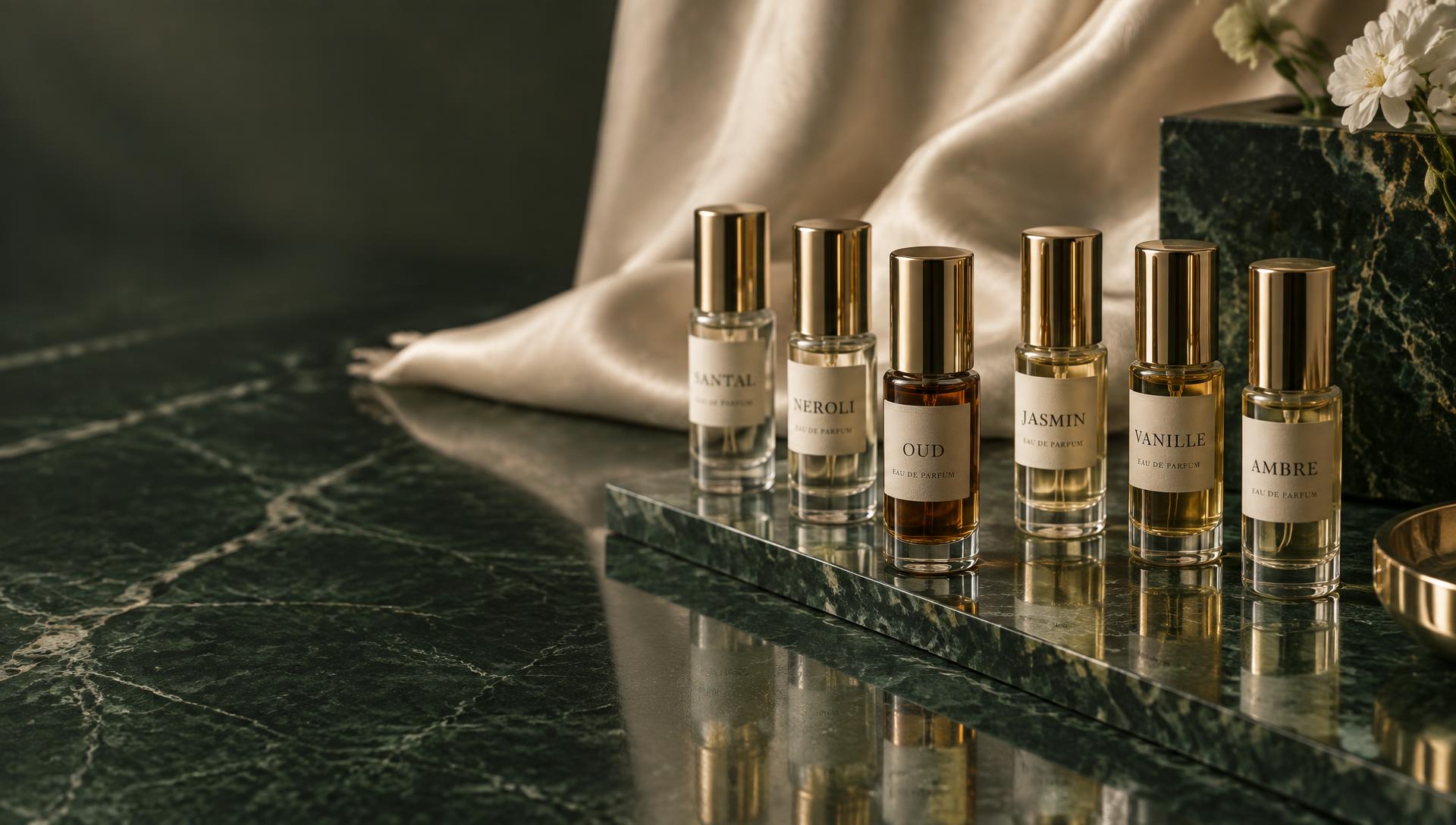 Decant vials with gold caps on green marble